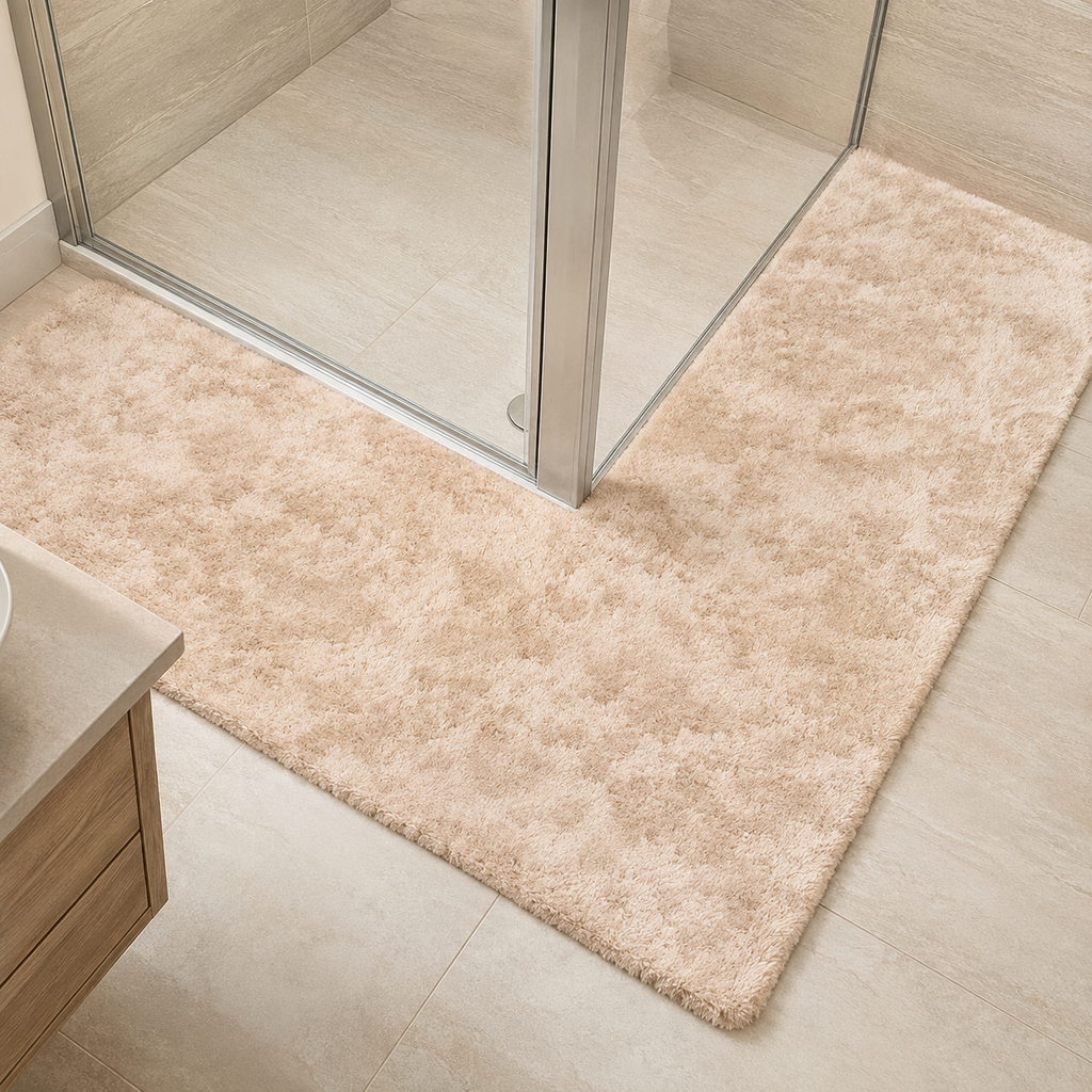 Tapis de douche d'angle abricot absorbant en forme de L